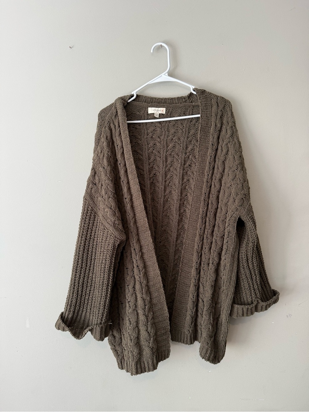 Umgee Cable Knit Open Front Sweater Cardigan Dark Green